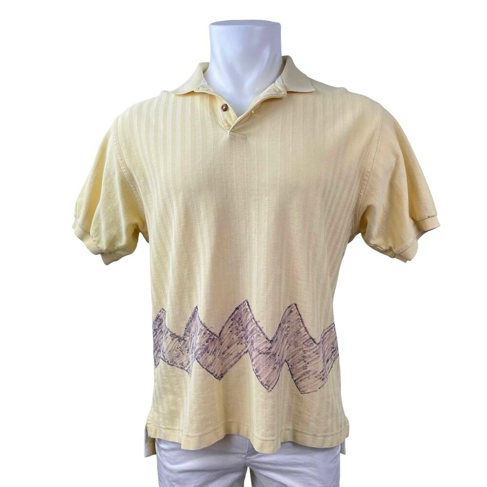 Abercrombie & Fitch Men's Yellow Zig Zag Short Sleeve Knit Polo Shirt Top Size L